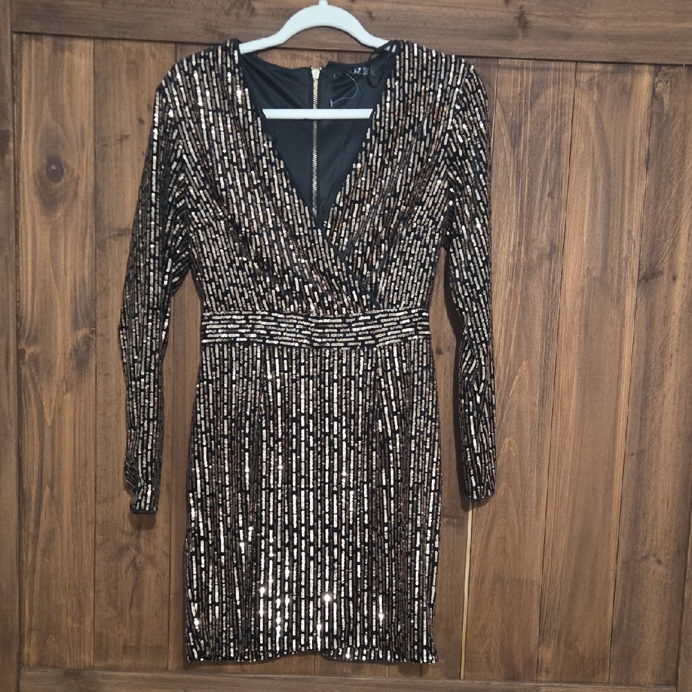 Metallic Black & Gold Sequin Long Sleeve Wrap Dress